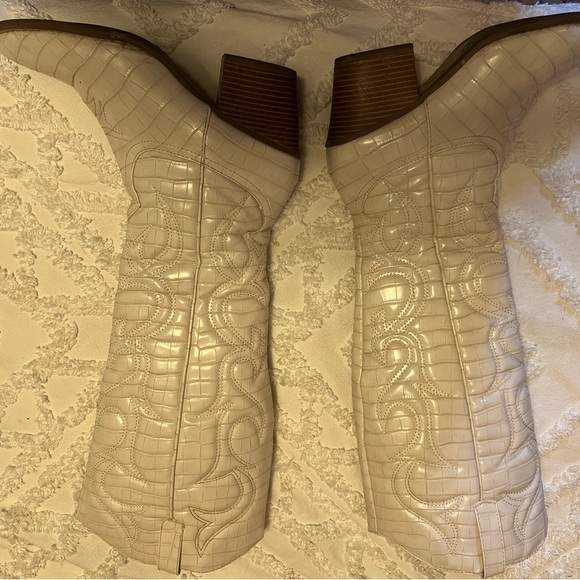 Cream Croc-Embossed Knee-High Boots - Picture 5 of 11